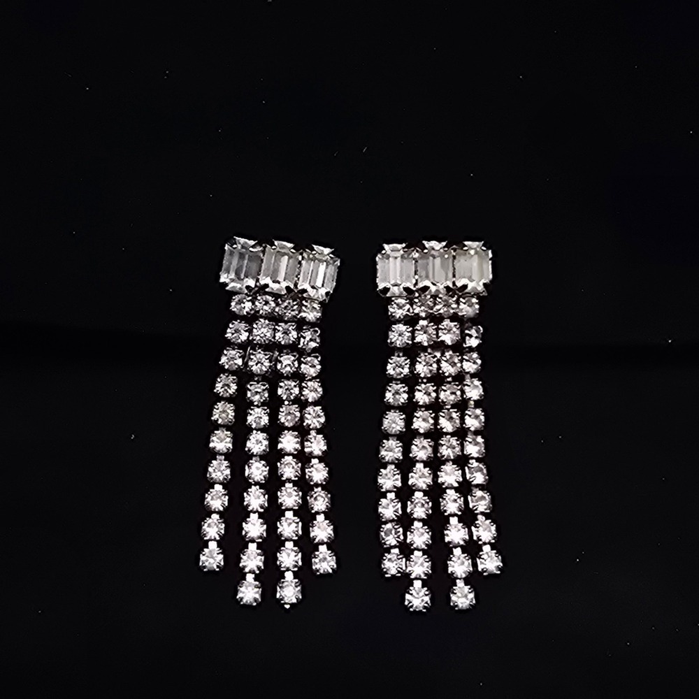 Clear Rhinestone Dangle Fringe Clip On Earrings Vintage Costume Jewelry